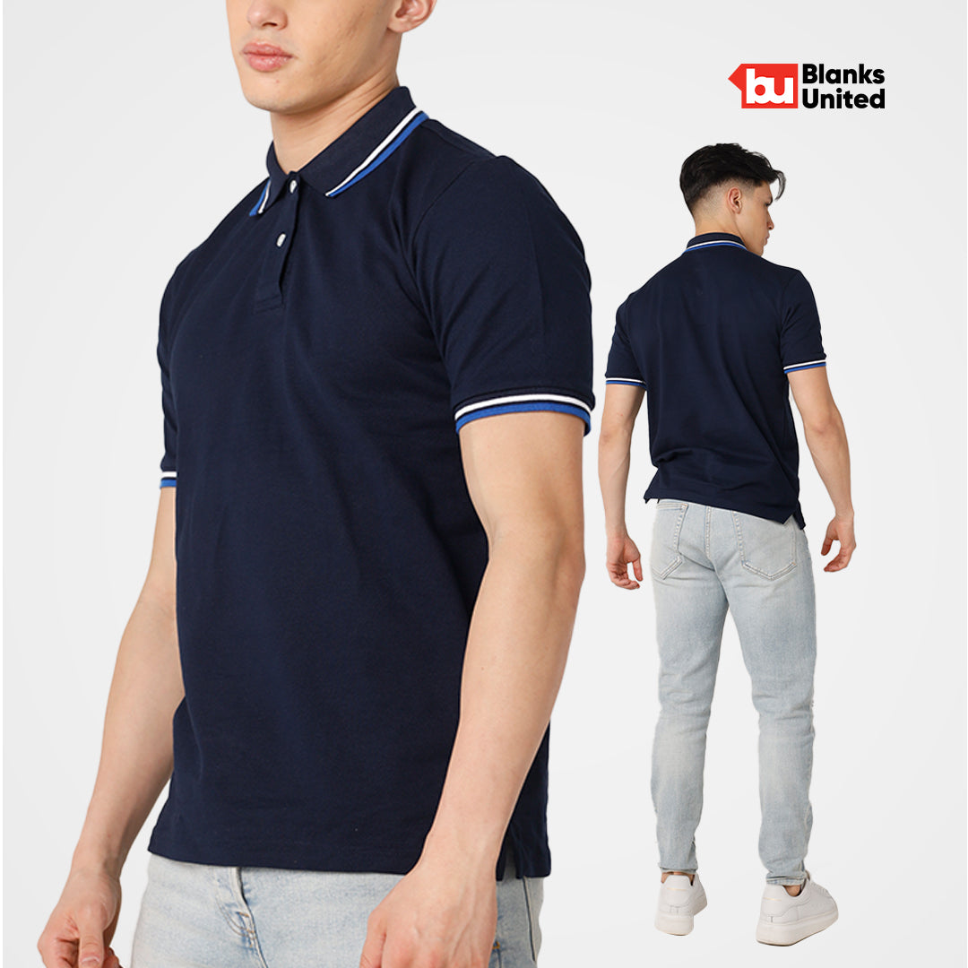 KIGEN #9900 Unisex Tipped Pique Polo Shirt NAVY BLUE (XS-3XL)